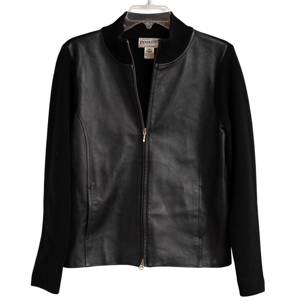 Pendleton Black Leather & Wool Jacket Sz M Edgy Moto Minimalist Dark Academia